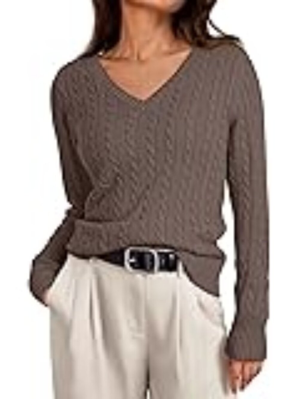 Brown Cable Knit V-Neck Lightweight Pullover Sweater Women's S